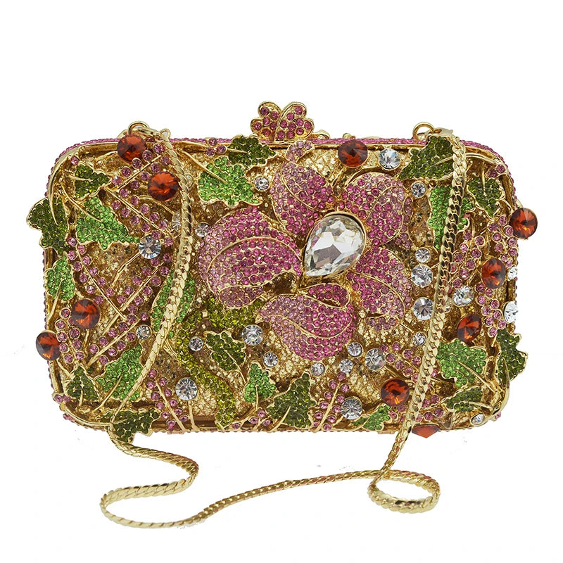 Mulheres diamante noite baile embreagens verde/rosa flor folhas sacos de luxo senhora cristal bolsa designer meninas bolsas casamento