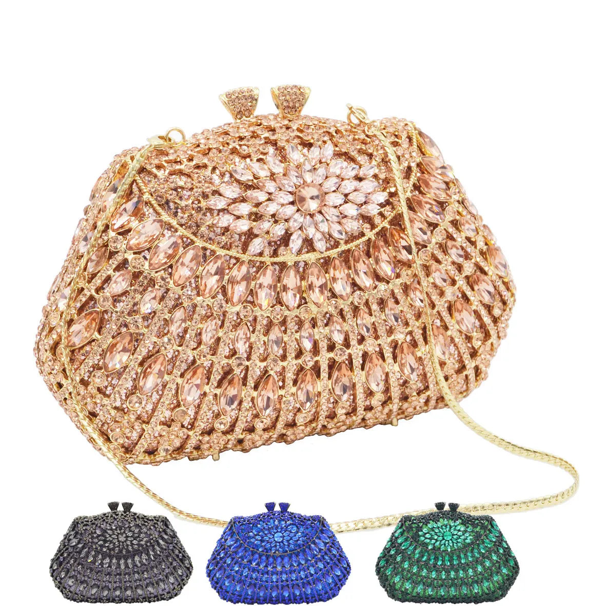 Bolsa de mão luxuosa com cristais e rosas, em ouro para mulheres, baile, casamento, sm67