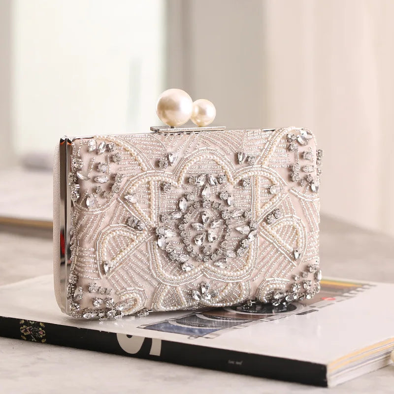Apricot Silver Crystal Clutch Bags para mulheres, artesanal, frisado, pérola, bolsa do casamento, bolsas de luxo, sacos de ombro, ZD1361