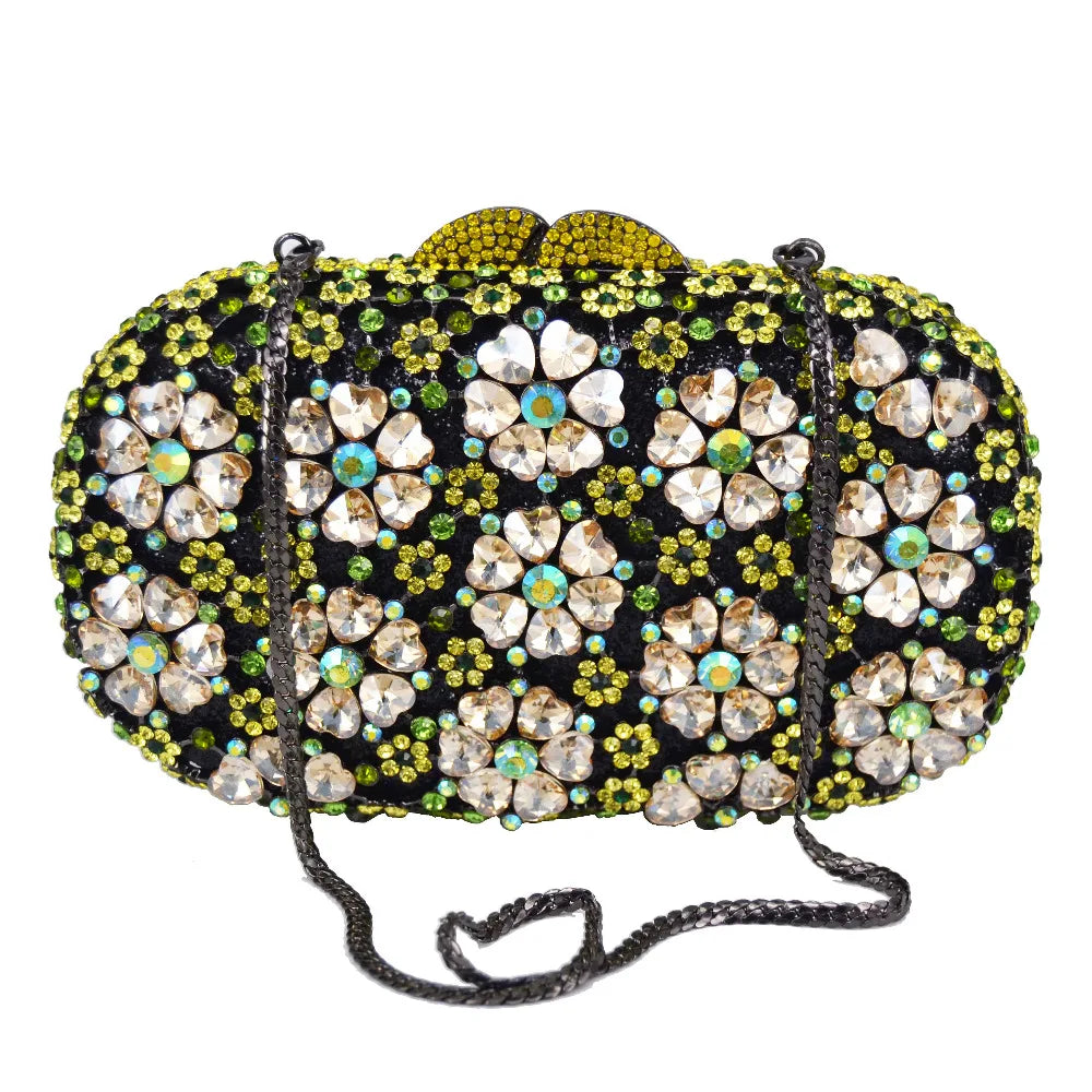 Khannet-sc781 saco de noite feminino, saco de noite luxuoso com padrão floral e strass esmeralda