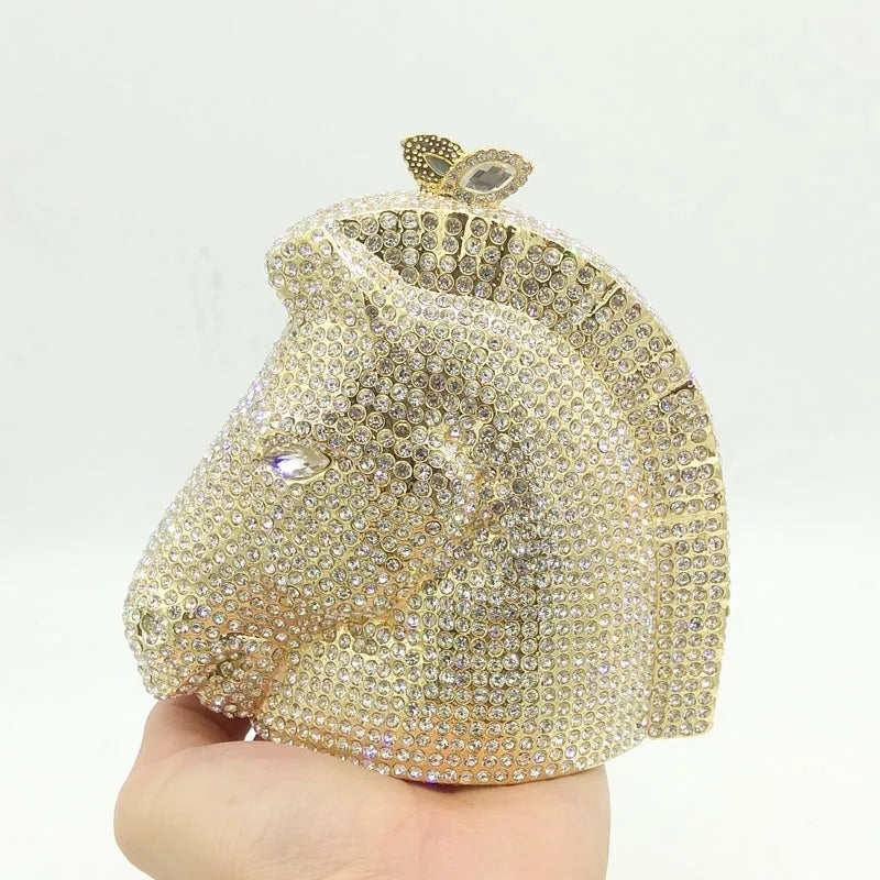 Boutique de fgg cabeça de cavalo dourado feminino cristal noite bolsa e bolsa festa casamento minaudiere animal strass saco embreagem