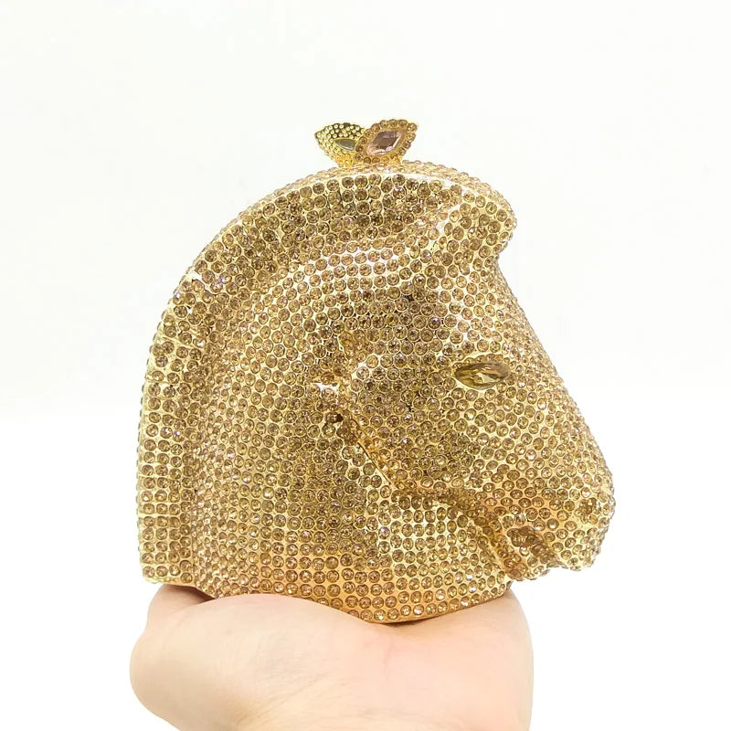 Boutique de fgg cabeça de cavalo dourado feminino cristal noite bolsa e bolsa festa casamento minaudiere animal strass saco embreagem