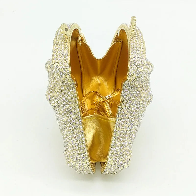 Boutique de fgg cabeça de cavalo dourado feminino cristal noite bolsa e bolsa festa casamento minaudiere animal strass saco embreagem