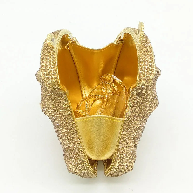 Boutique de fgg cabeça de cavalo dourado feminino cristal noite bolsa e bolsa festa casamento minaudiere animal strass saco embreagem