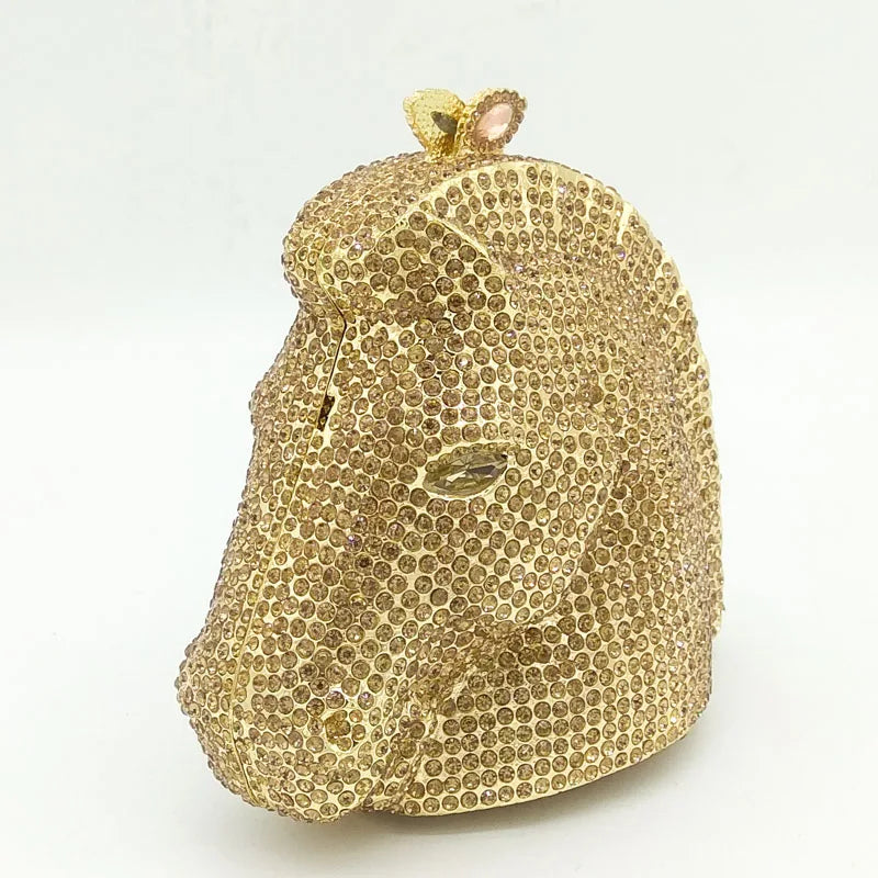 Boutique de fgg cabeça de cavalo dourado feminino cristal noite bolsa e bolsa festa casamento minaudiere animal strass saco embreagem