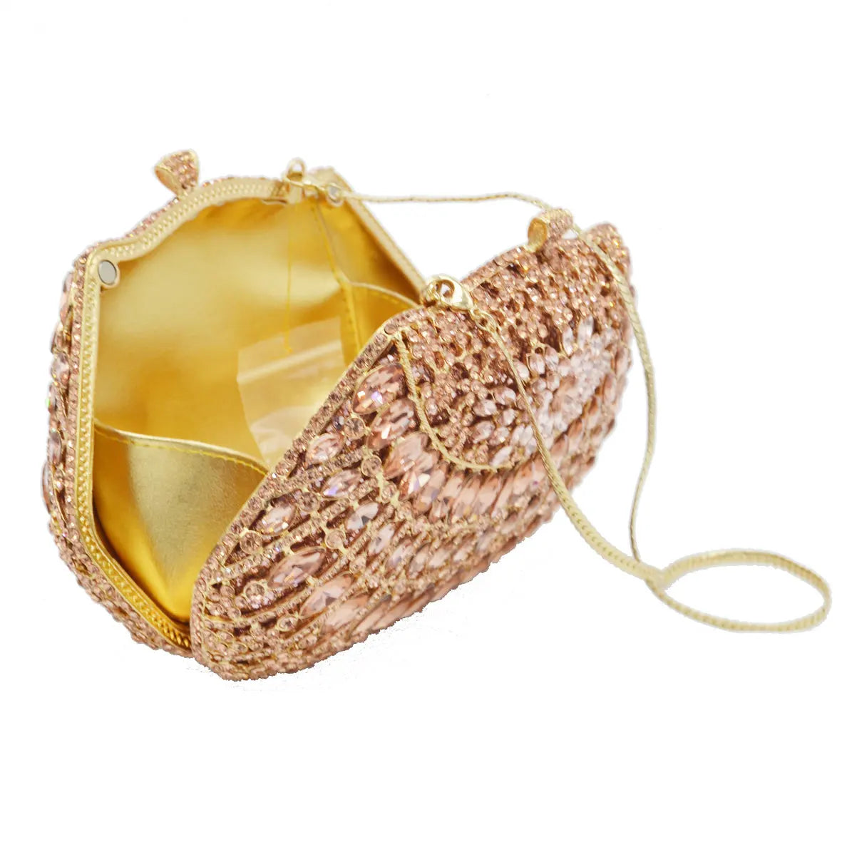 Bolsa de mão luxuosa com cristais e rosas, em ouro para mulheres, baile, casamento, sm67