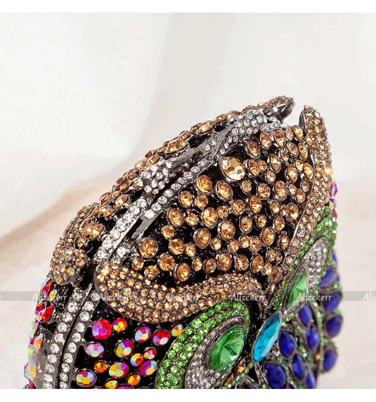 Coruja em forma de cristal noite bolsa de embreagem feminina novo designer luxo chique novidade azul strass metal bolsa e bolsa personalidade