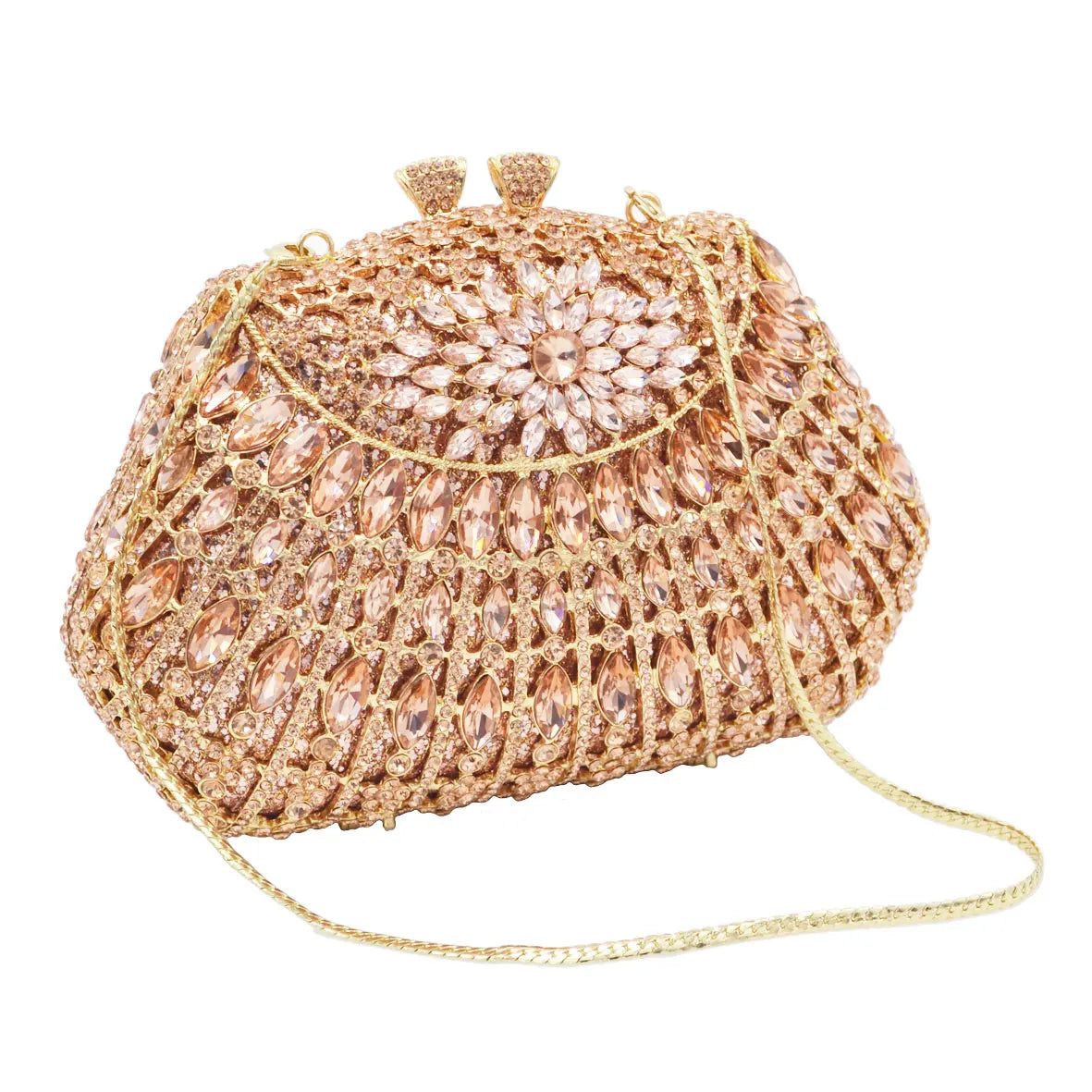 Bolsa de mão luxuosa com cristais e rosas, em ouro para mulheres, baile, casamento, sm67