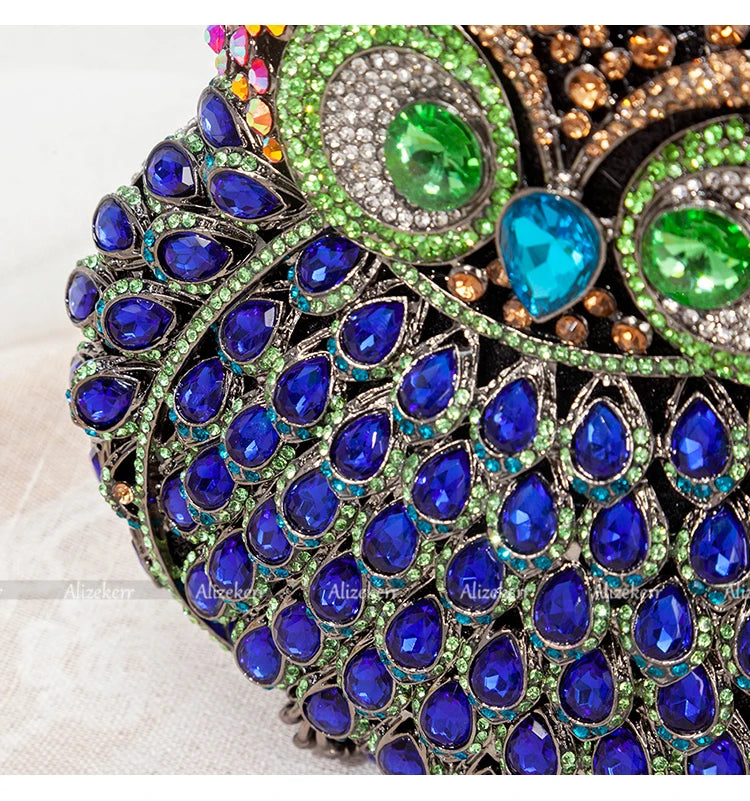 Coruja em forma de cristal noite bolsa de embreagem feminina novo designer luxo chique novidade azul strass metal bolsa e bolsa personalidade