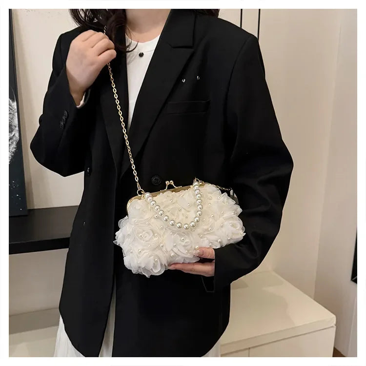 Doce estilo pérola corrente noite saco de embreagem malha macia renda dobrado bainha versão coreana bolsa crossbody para mulher