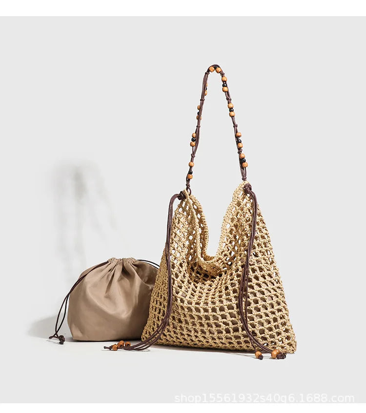 Bolsa tote de ombro oca de grande capacidade tecida à mão estilo preguiçoso bolsa de praia de verão cidade simples grama tecido quadrado vertical macio...