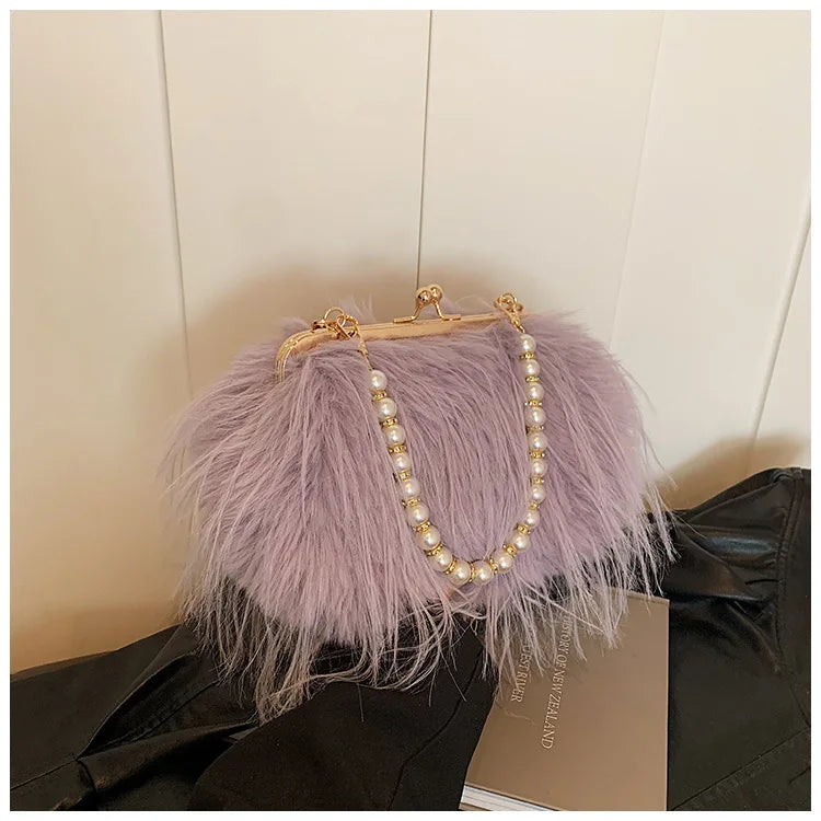 Bolsa feminina de pele sintética, bolsa de ombro felpuda, bolsa tiracolo, designer senhora, embreagem de concha, luxo, inverno, nova, 2022
