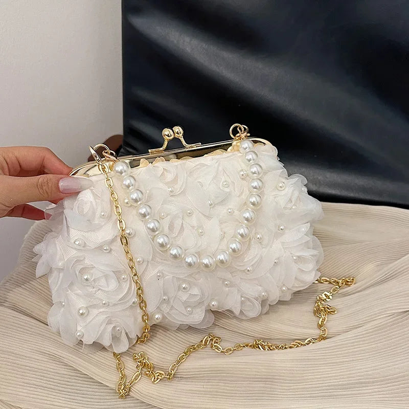 Doce estilo pérola corrente noite saco de embreagem malha macia renda dobrado bainha versão coreana bolsa crossbody para mulher