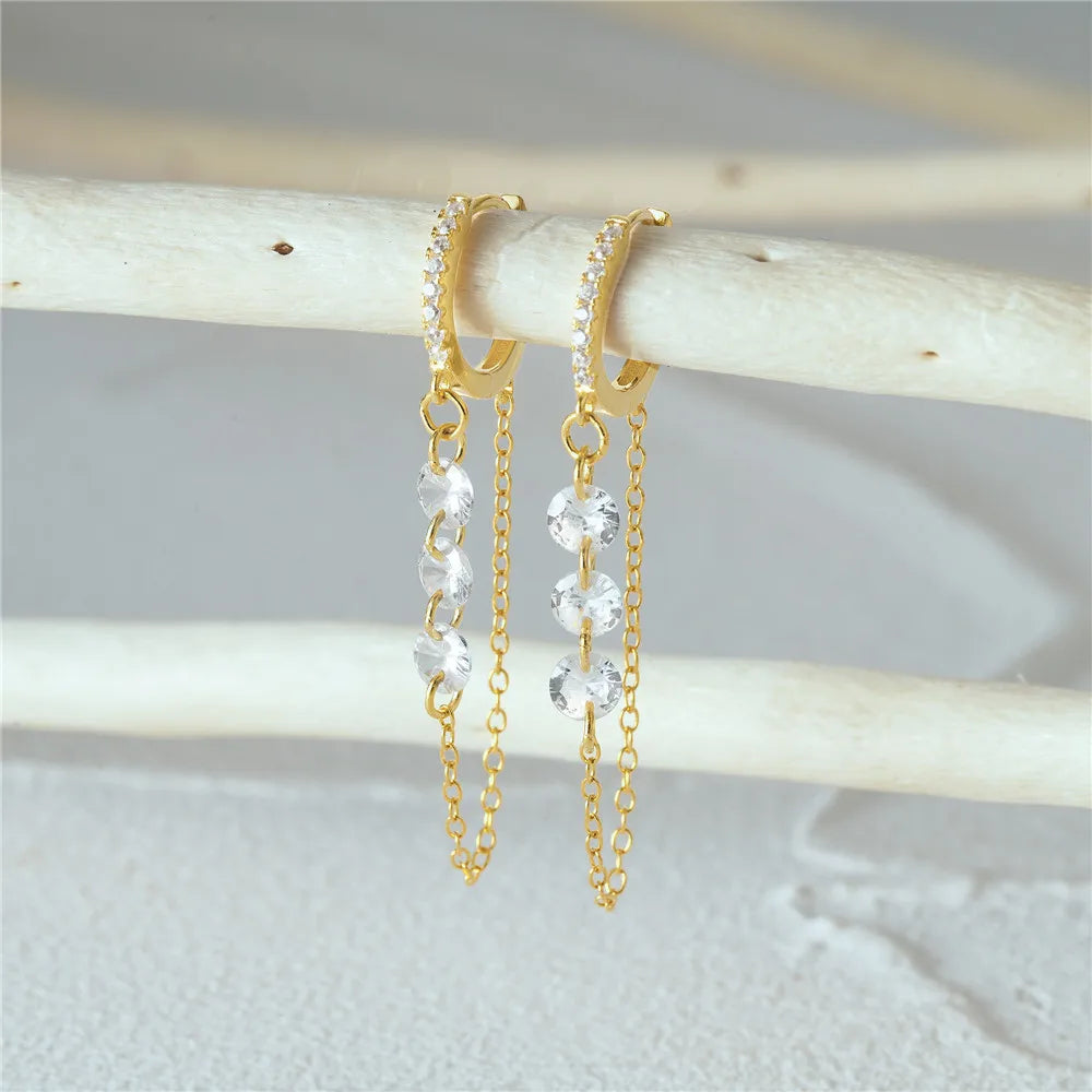 Aide 925 prata esterlina três zircão gota longa corrente ouro hoop fivela piercing brincos para mulheres casual jóias festa presente