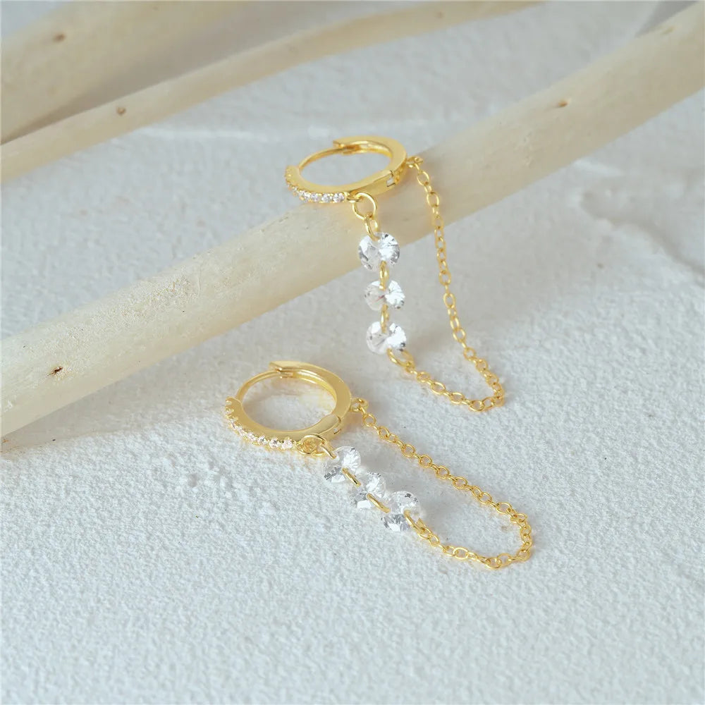 Aide 925 prata esterlina três zircão gota longa corrente ouro hoop fivela piercing brincos para mulheres casual jóias festa presente