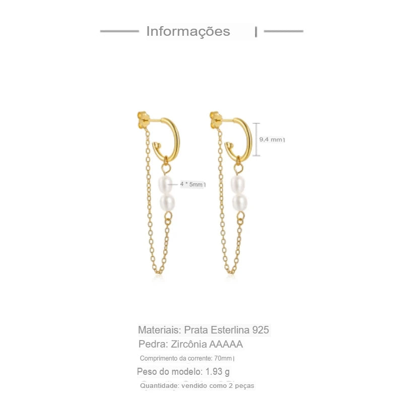 Brinco Pérola Barroca em Prata 925 com Corrente Longa Riviera