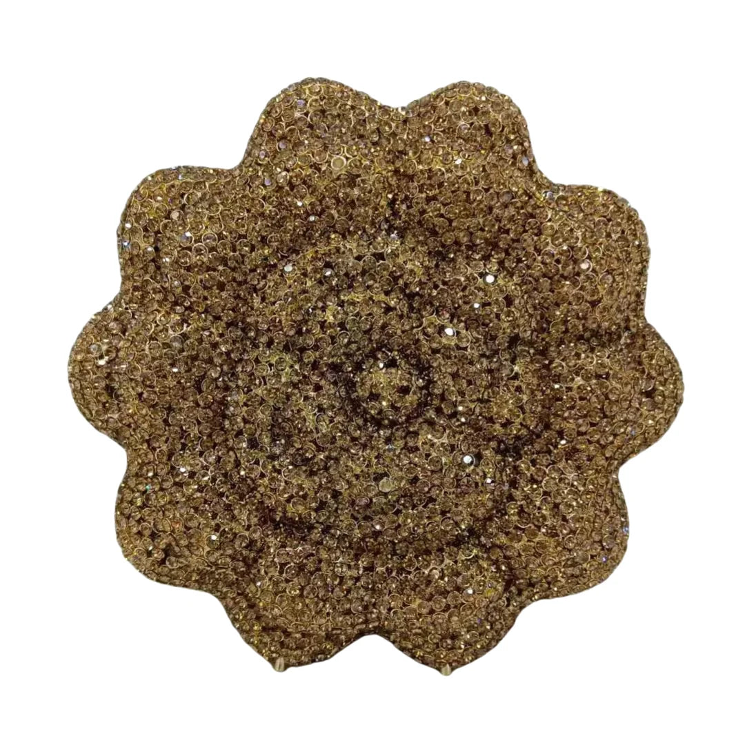 Novo design de luxo em forma de flor superfície diamante incrustado material de metal bolsa de noite feminina embreagem
