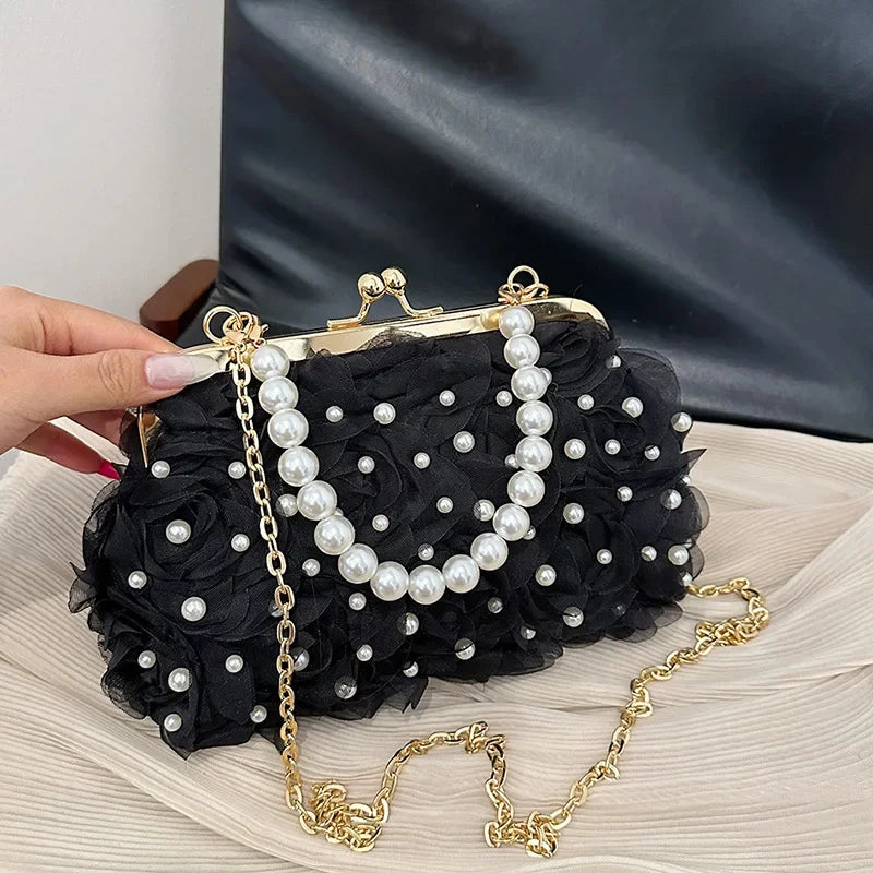 Doce estilo pérola corrente noite saco de embreagem malha macia renda dobrado bainha versão coreana bolsa crossbody para mulher