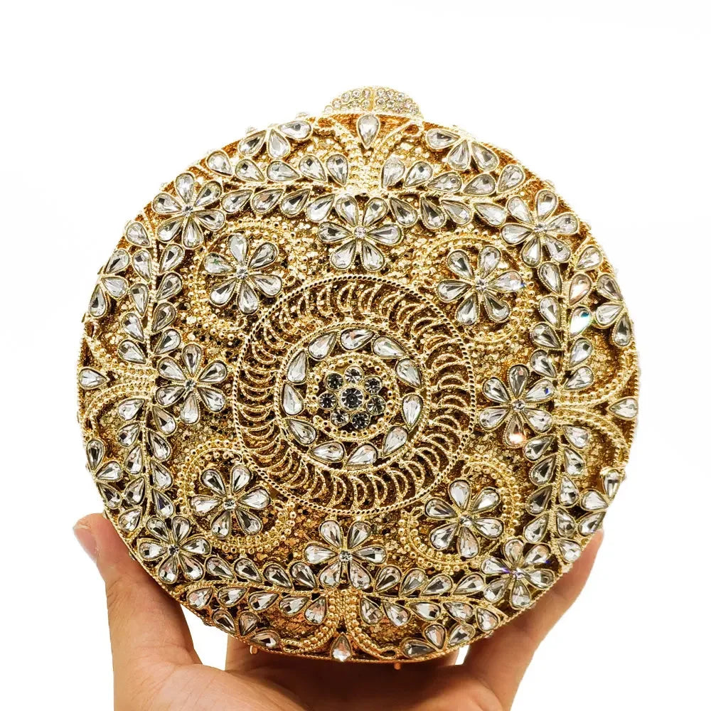 Boutique de fgg (em estoque) redondo circular oco para fora das mulheres cristal embreagem noite minaudiere saco casamento bolsa nupcial