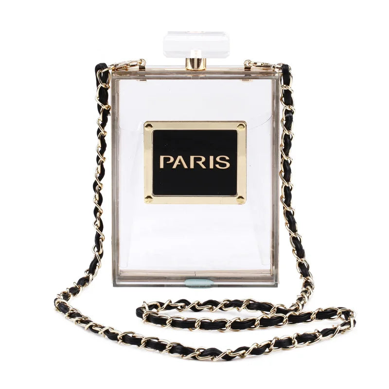 Sacos de noite feminino acrílico paris perfume em forma preto bolsa bolsas embreagem vintage banquete bolsa luxo ombro crossbody sacos