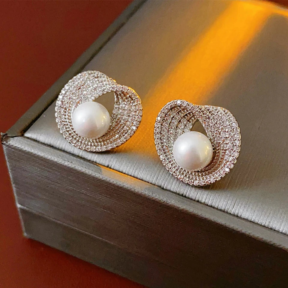 Zakol luxo aaa zircon redondo pérola brincos para mulheres irregular brinco temperamento festa de casamento jóias