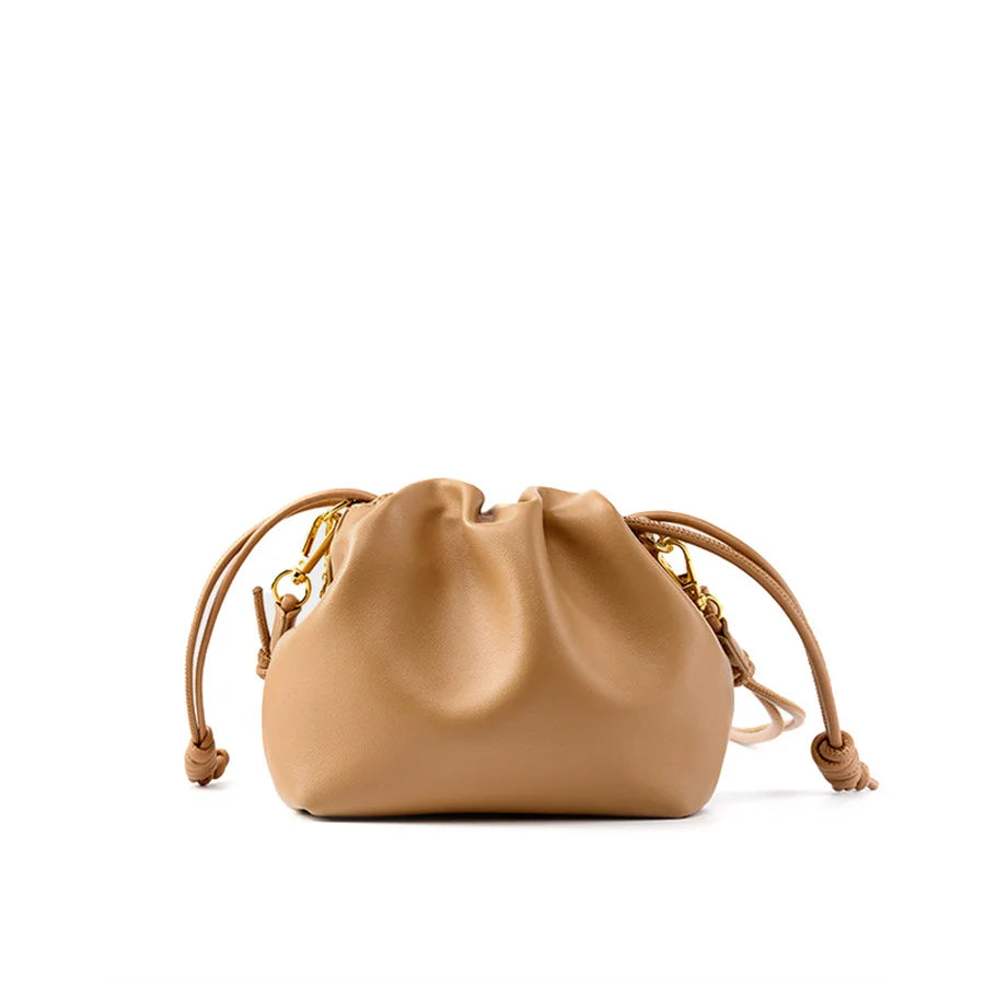 Couro genuíno rugas nuvem bolsa feminina corrente decoração mini balde saco versátil ombro crossbody saco
