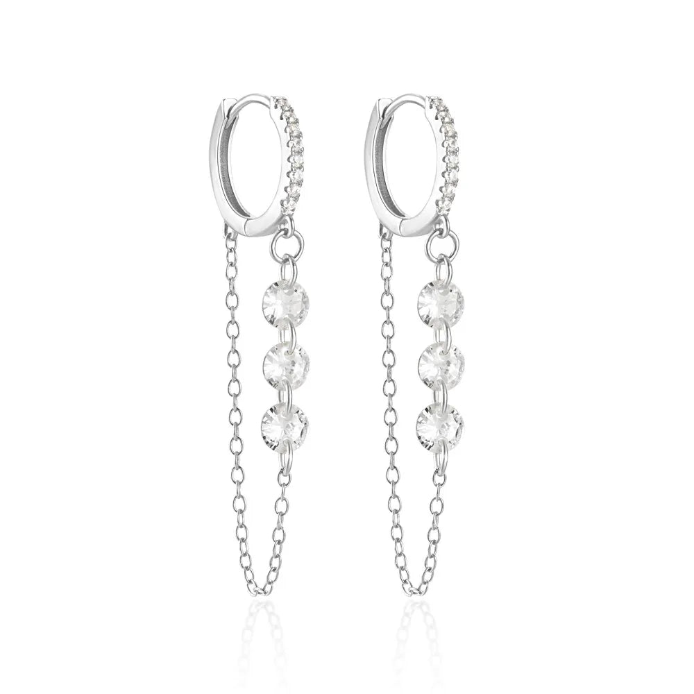 Aide 925 prata esterlina três zircão gota longa corrente ouro hoop fivela piercing brincos para mulheres casual jóias festa presente