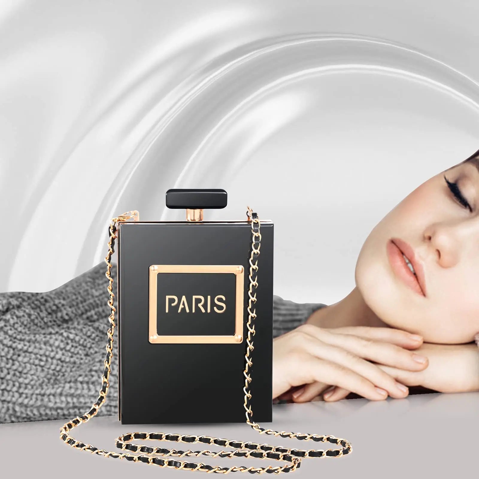 Sacos de noite feminino acrílico paris perfume em forma preto bolsa bolsas embreagem vintage banquete bolsa luxo ombro crossbody sacos