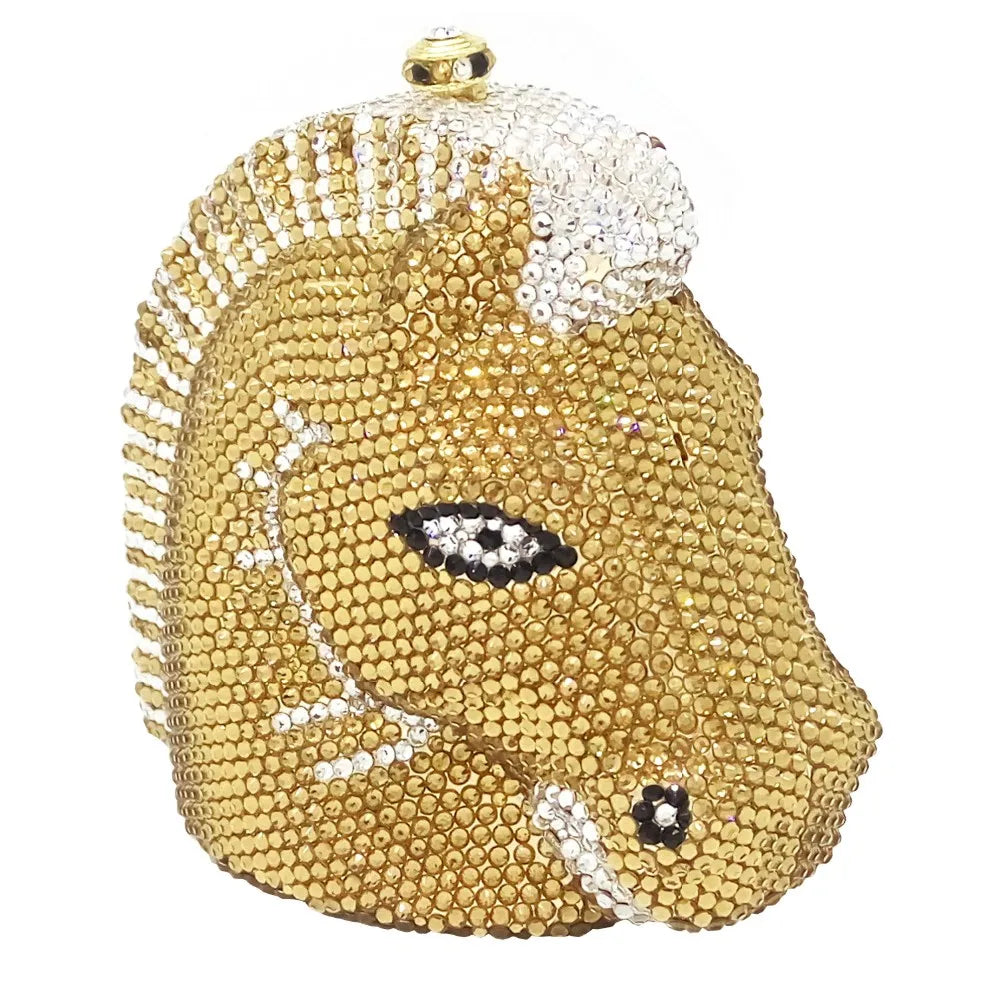Boutique de fgg cabeça de cavalo dourado feminino cristal noite bolsa e bolsa festa casamento minaudiere animal strass saco embreagem