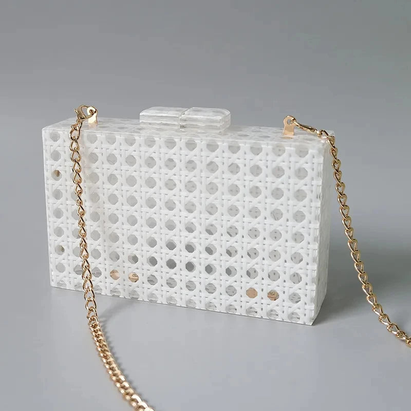 Bolsa de embreagem acrílica sólida Rattan branco para mulheres, bolsa de noite luxuosa, casual box, moda moda bolsas bolsa de festa, nova