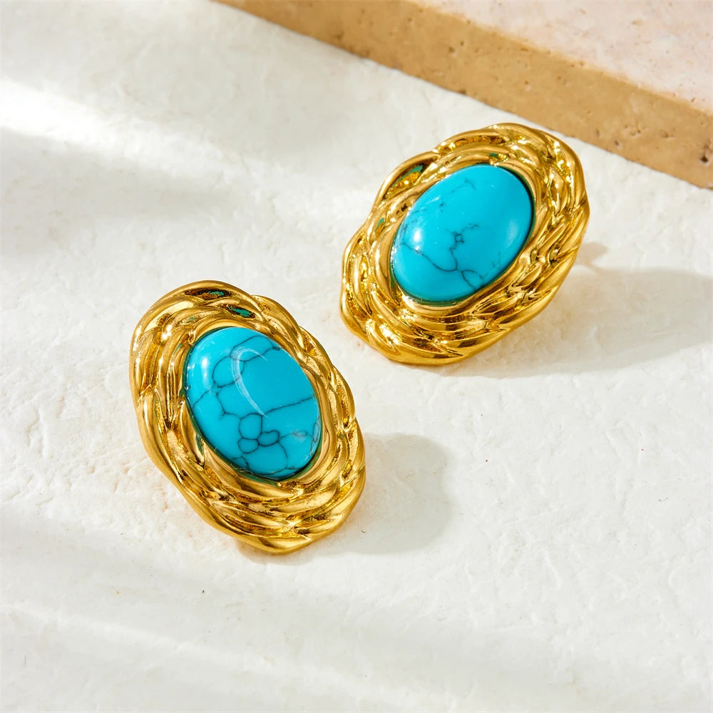 Dieyuro 316l aço inoxidável dourado tecido oval incrustado turquesa brinco para mulheres nova tendência moda orelha fivela jóias presente