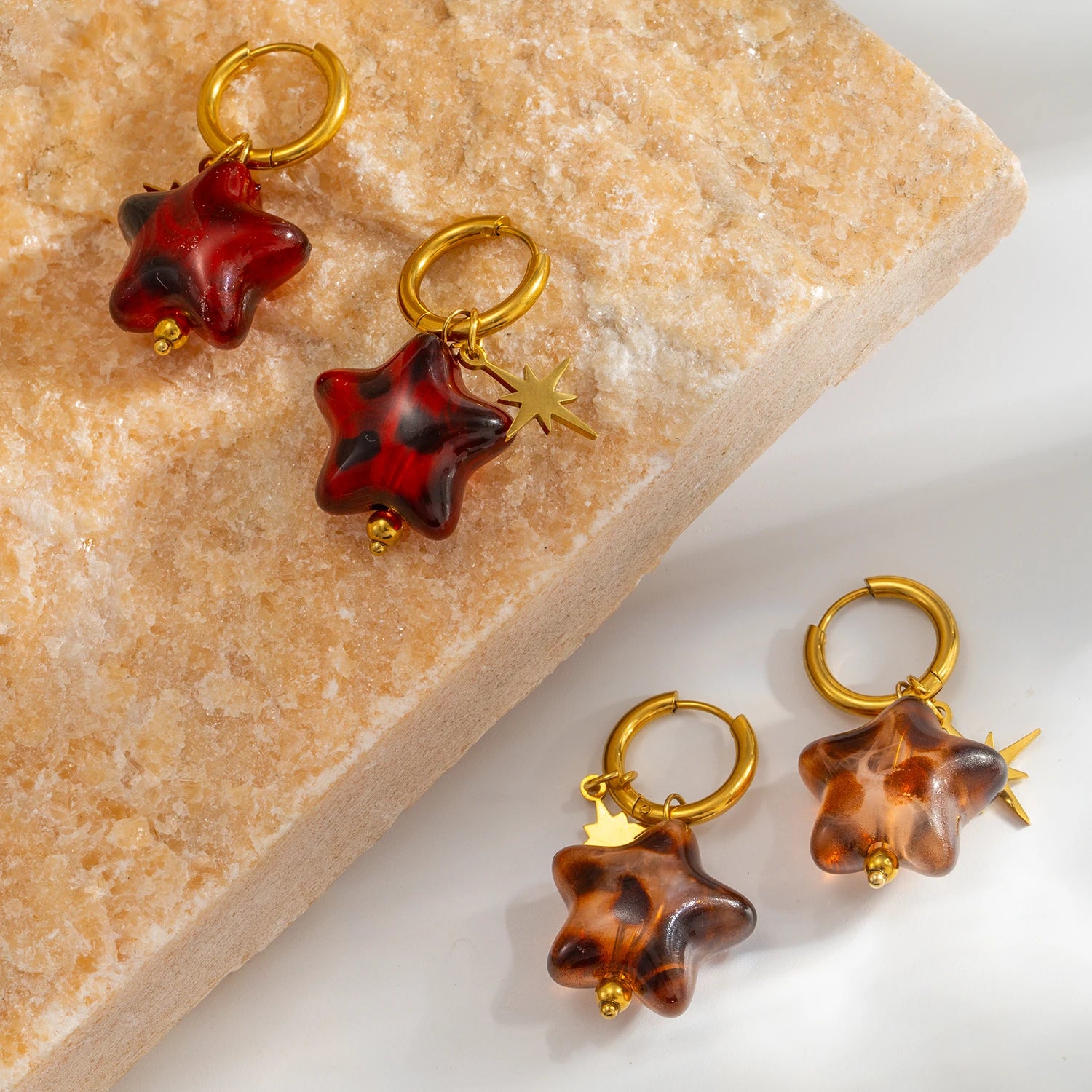 Novos brincos de estrela para mulheres, pingente pendurado de gota removível com aros huggie banhados a ouro 18K, aço inoxidável hipoalergênico