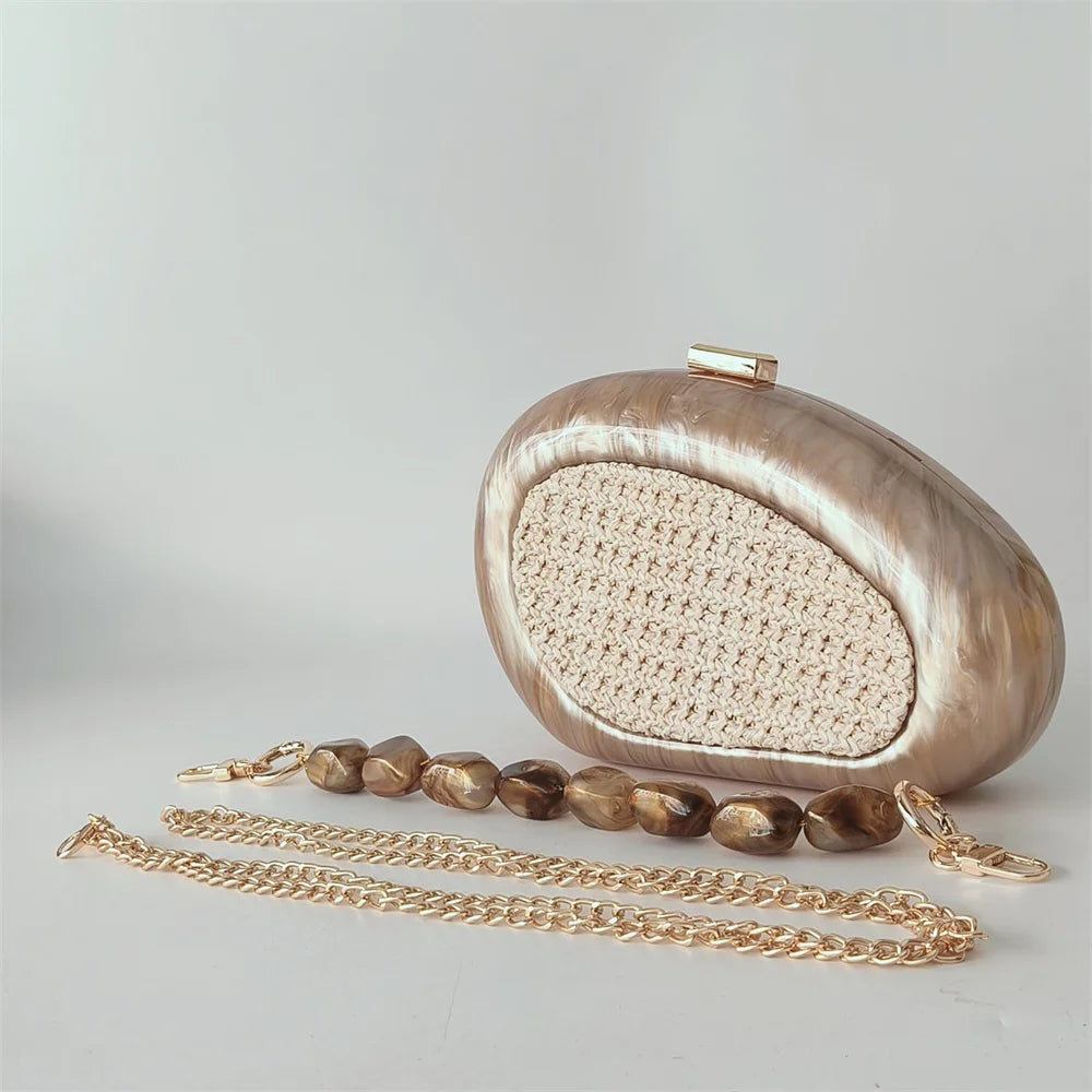 Praia nova acrílico crossbody mensageiro saco de embreagem das mulheres baile dia bolsa ombro rattan tricô café noite bolsa embreagem