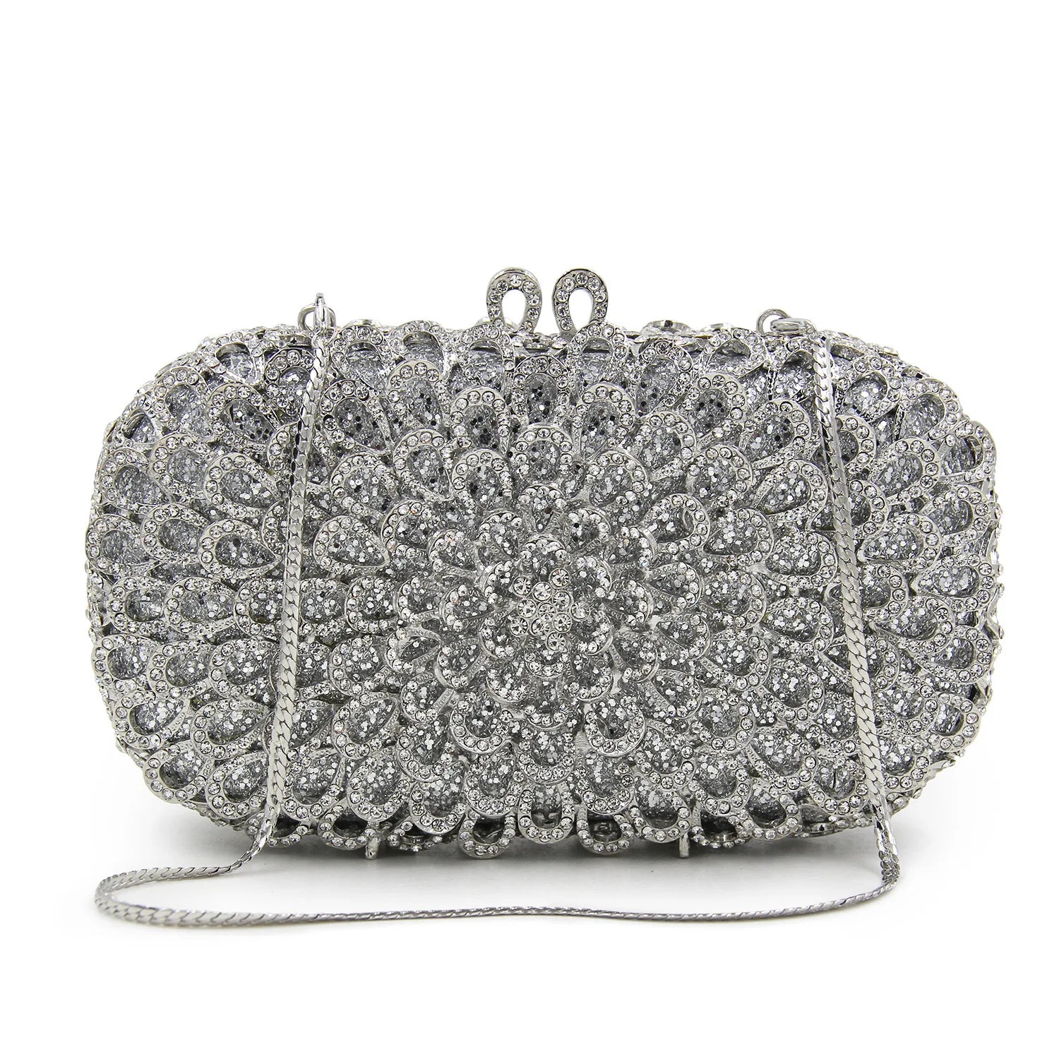 Strass vazio metal cristal jantar diamante bolsa de embreagem feminina mini crossbody com corrente de strass floral frisado sacola
