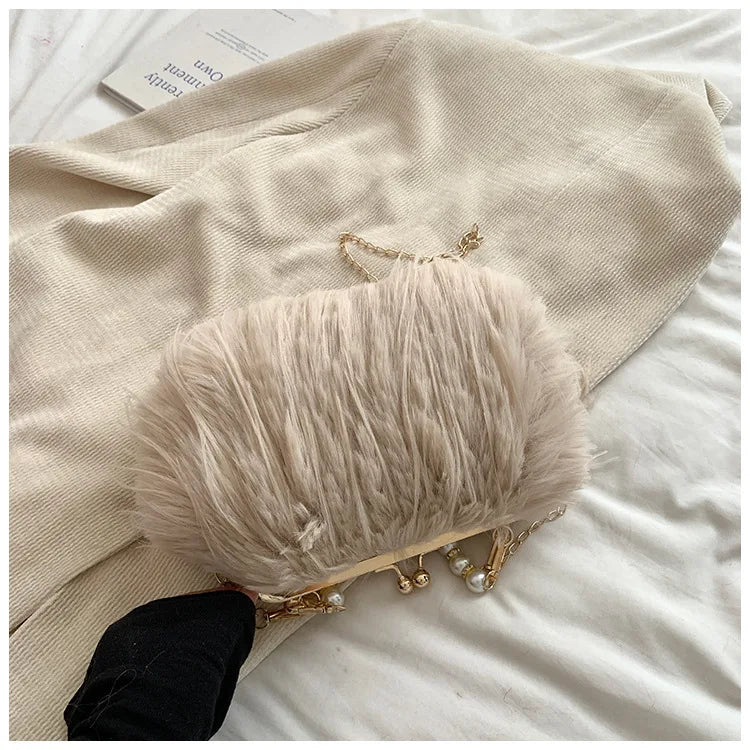 Bolsa feminina de pele sintética, bolsa de ombro felpuda, bolsa tiracolo, designer senhora, embreagem de concha, luxo, inverno, nova, 2022