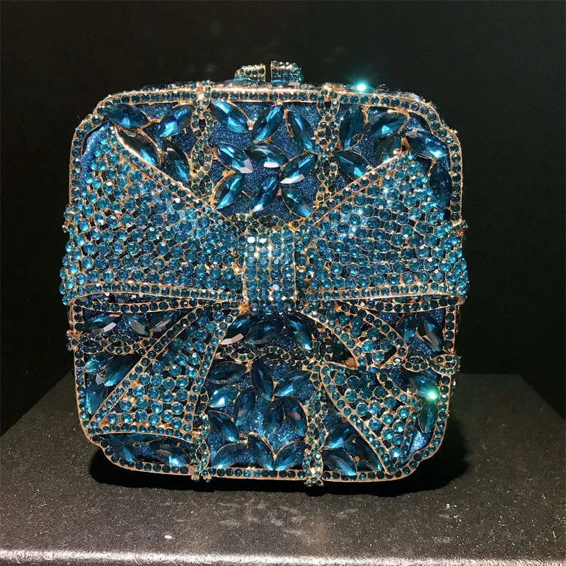 Caixa de presente com laço de borboleta incrustada com diamantes, bolsa quadrada pequena de mão com strass de alta qualidade, bolsa de ombro crossbody