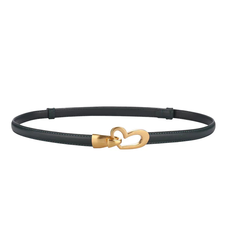 Cinto feminino de couro genuíno, cinto fino de couro skinny para calças, fivela em forma de coração dourada da moda