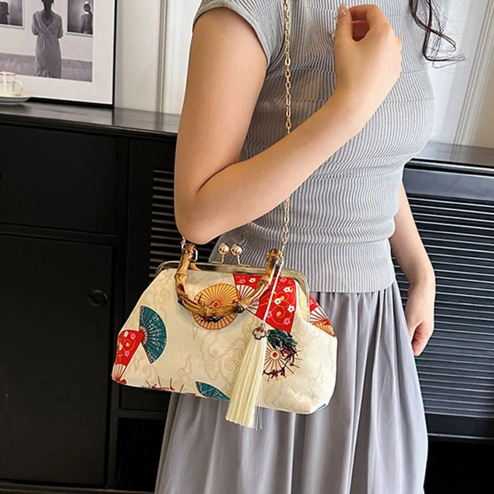 Bolsa de mão de noite com alça de rattan, guindaste coroado vermelho, estampa de borla, corrente, bolsa de ombro, bolsa crossbody para mulheres, noiva, casamento