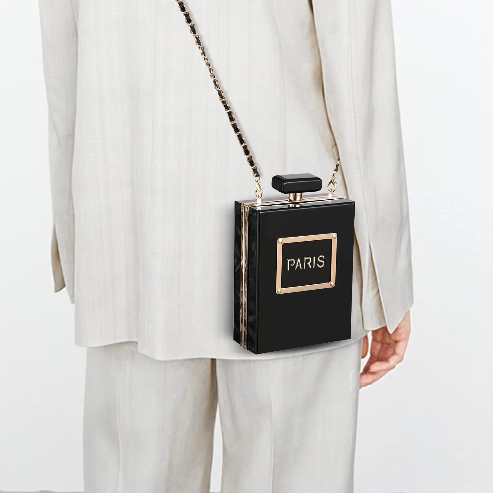 Sacos de noite feminino acrílico paris perfume em forma preto bolsa bolsas embreagem vintage banquete bolsa luxo ombro crossbody sacos