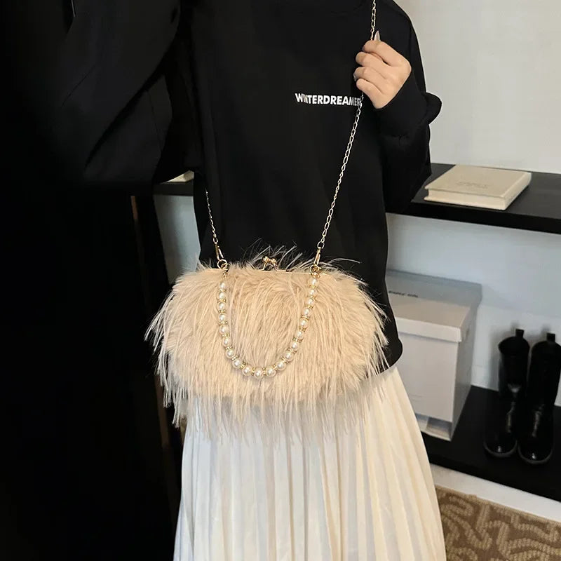 Bolsa feminina de pele sintética, bolsa de ombro felpuda, bolsa tiracolo, designer senhora, embreagem de concha, luxo, inverno, nova, 2022