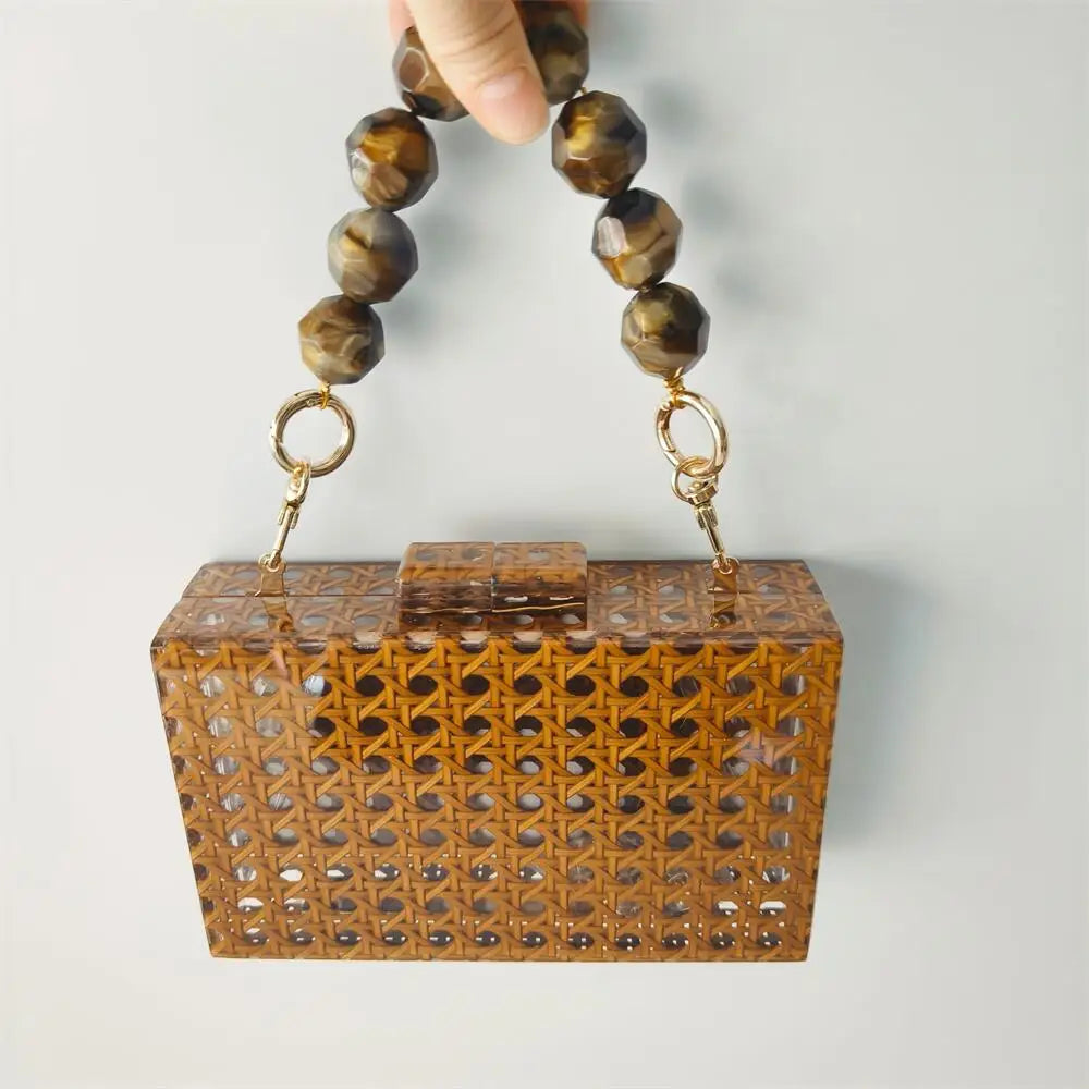 Acrílico ovo cana rattan saco de embreagem luxo festa casamento bolsa verão praia marrom escuro aleta bolsa feminina senhora designer bolsa
