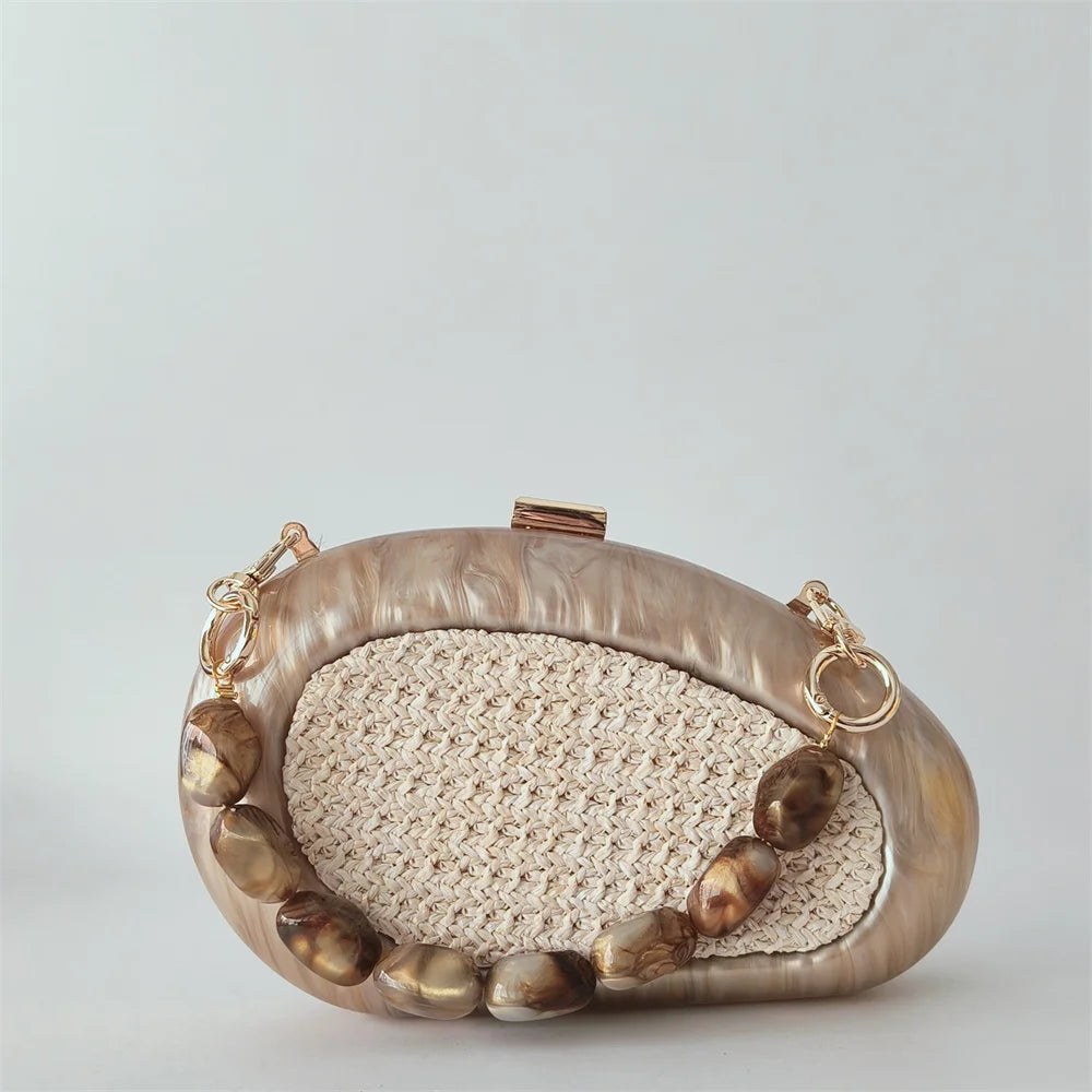 Praia nova acrílico crossbody mensageiro saco de embreagem das mulheres baile dia bolsa ombro rattan tricô café noite bolsa embreagem