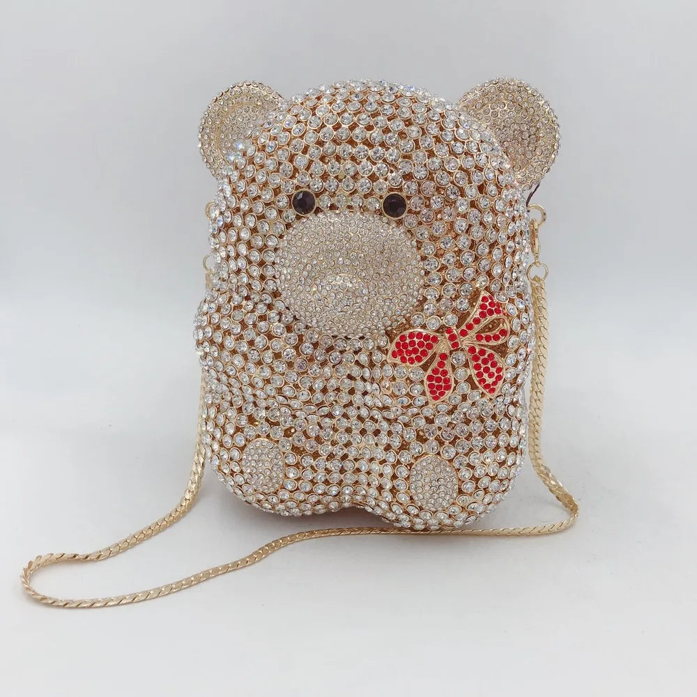Urso de pelúcia dos desenhos animados strass saco vazio metal cristal jantar artesanal diamante bolsa feminina acessível glitter acolchoado crossbody