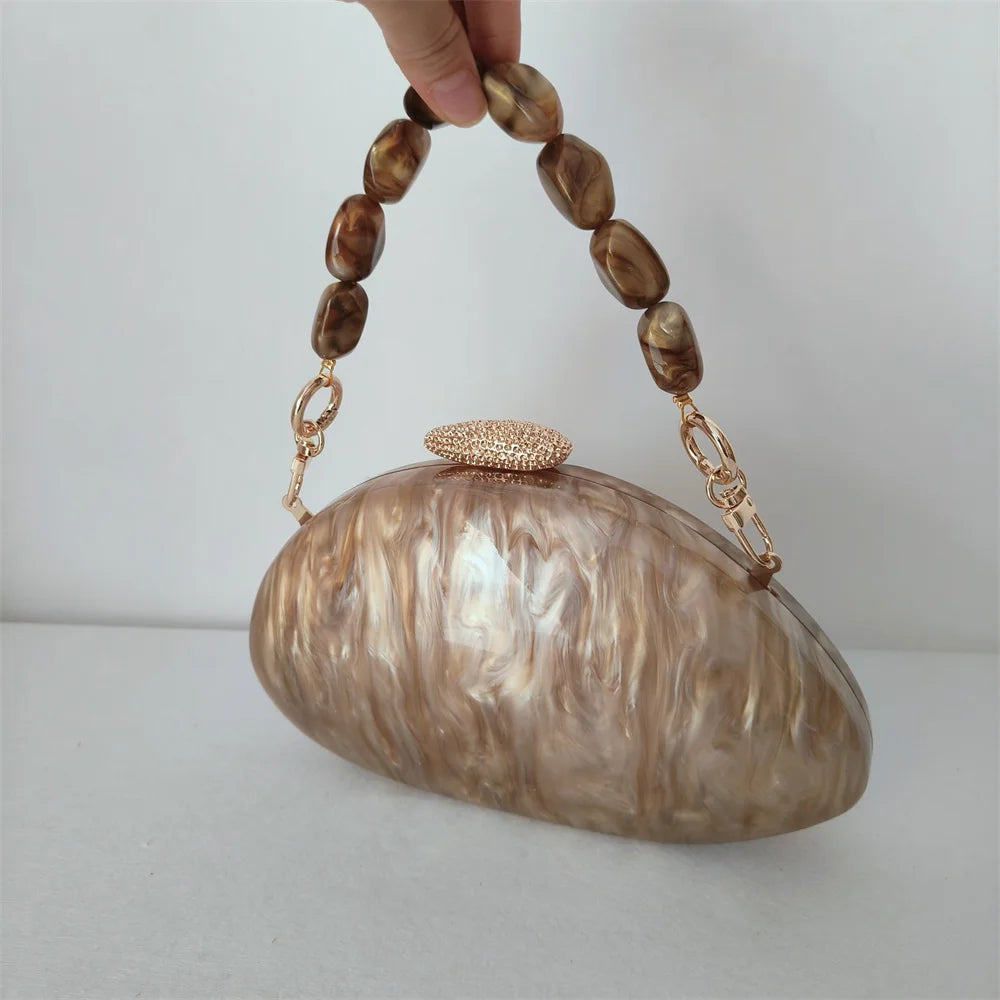 Pérola marrom mármore oval feminino luxo acrílico embreagem chique elegante saco de noite hardcase praia senhora bolsa noiva festa