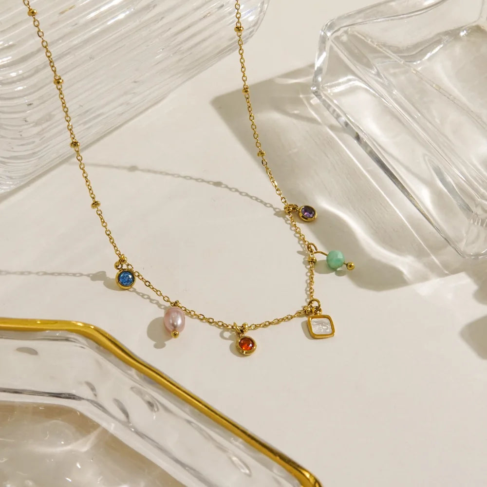 V. Aço inoxidável moda borla natural pérola concha colar de pedra natural feminino jóias estéticas