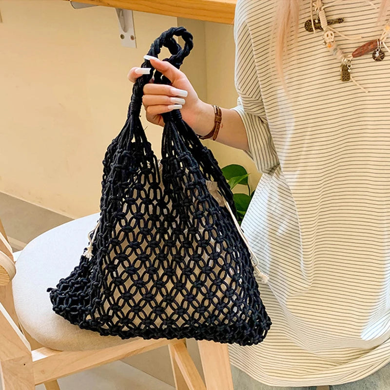 Bolsa feminina de grande capacidade, bolsa de ombro vazada, bolsa de praia de viagem vintage, pacote de compras