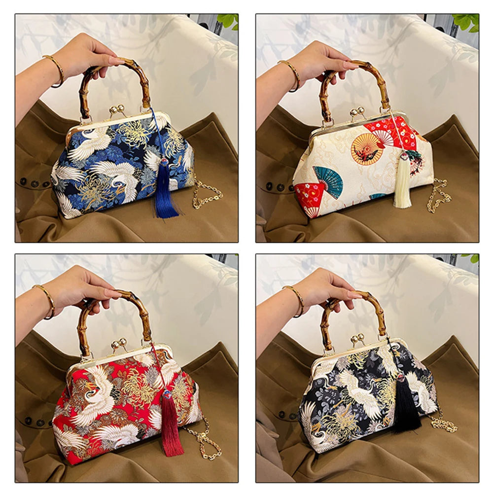 Bolsa de mão de noite com alça de rattan, guindaste coroado vermelho, estampa de borla, corrente, bolsa de ombro, bolsa crossbody para mulheres, noiva, casamento