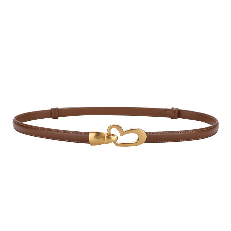 Cinto feminino de couro genuíno, cinto fino de couro skinny para calças, fivela em forma de coração dourada da moda