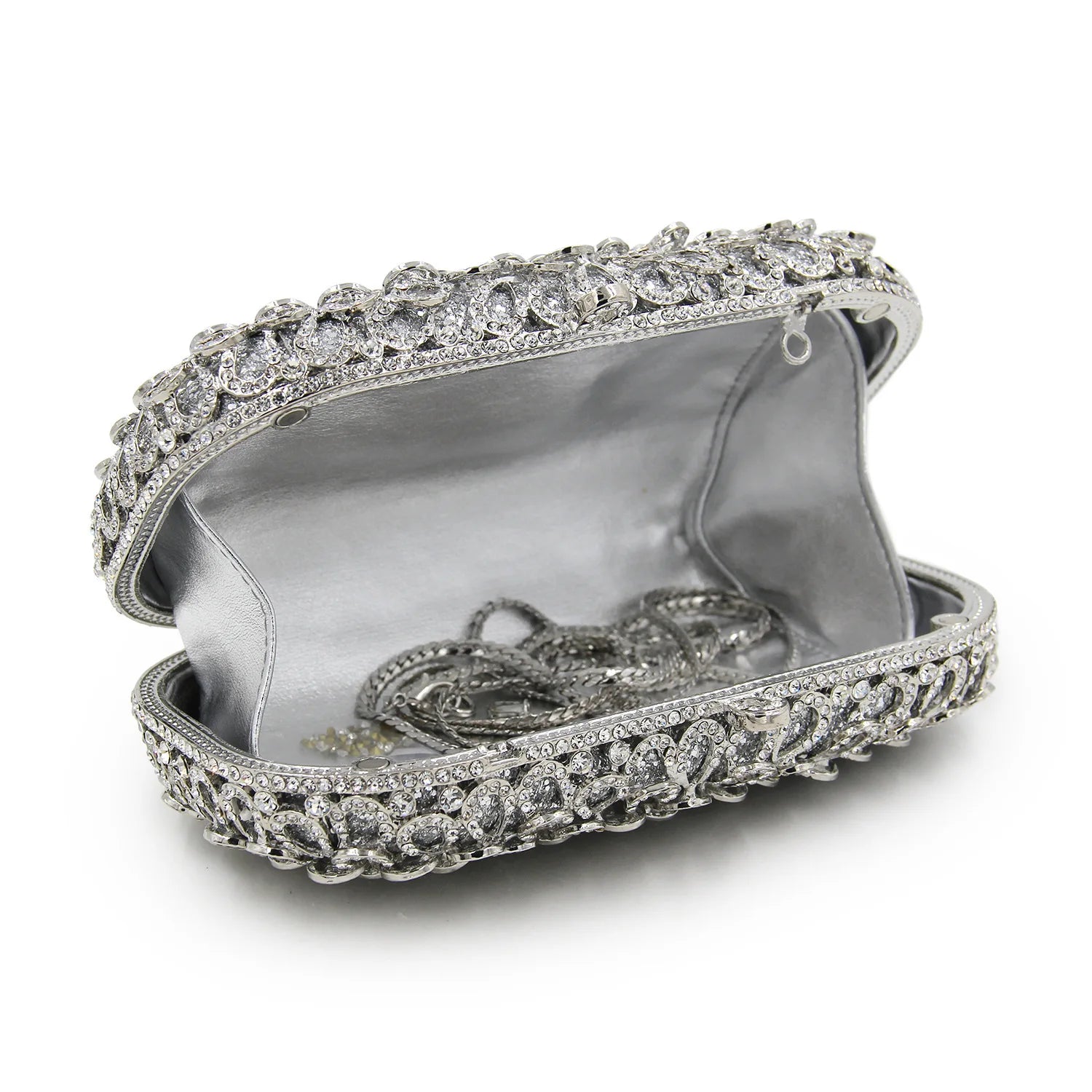 Strass vazio metal cristal jantar diamante bolsa de embreagem feminina mini crossbody com corrente de strass floral frisado sacola