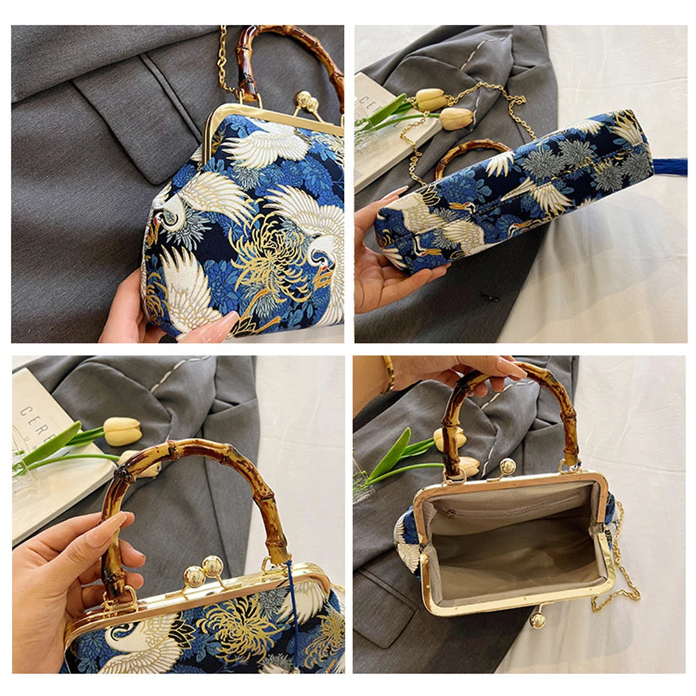 Bolsa de mão de noite com alça de rattan, guindaste coroado vermelho, estampa de borla, corrente, bolsa de ombro, bolsa crossbody para mulheres, noiva, casamento